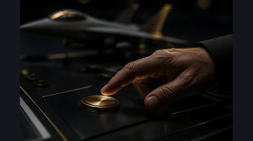 Hand reaching for a round gold button on a dark console with a jet model behind