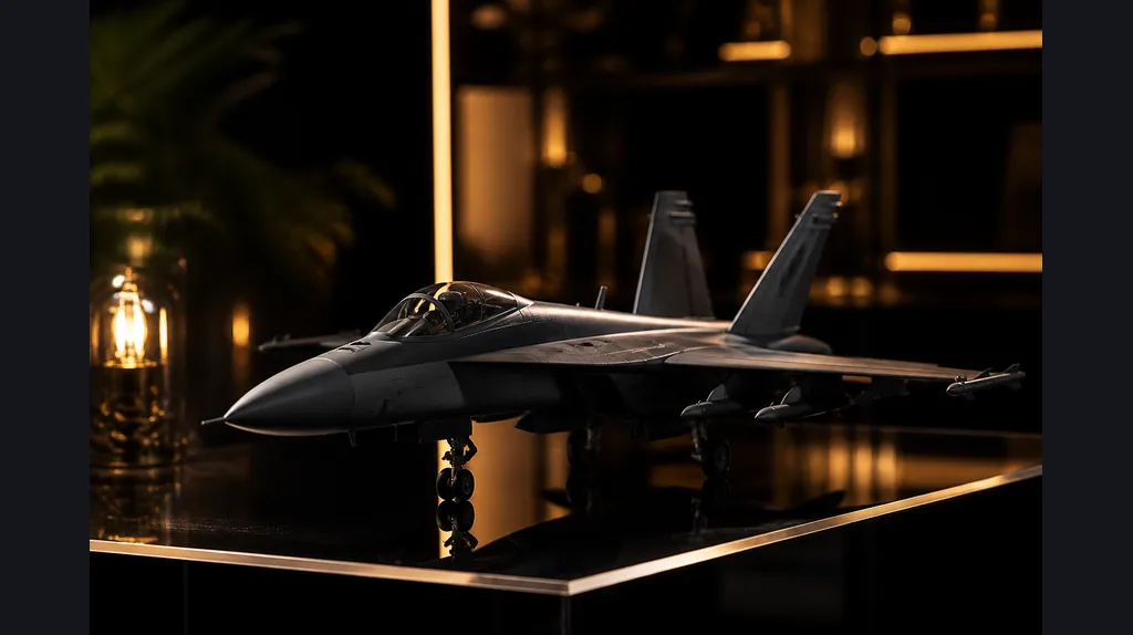 Silver fighter jet model on a black glass table under warm studio light