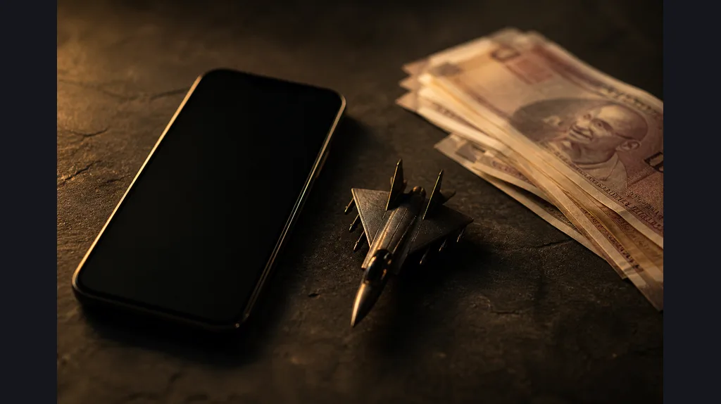 Phone, rupee notes, and a jet figurine on a dark desk