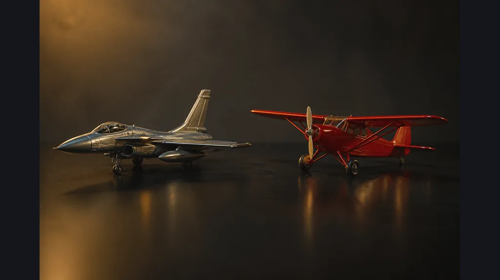 Silver jet model beside a red toy plane on a dark table