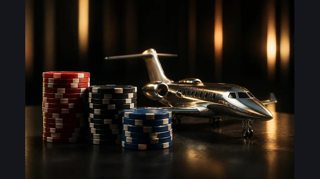 Three chip stacks of different heights beside a silver jet figurine