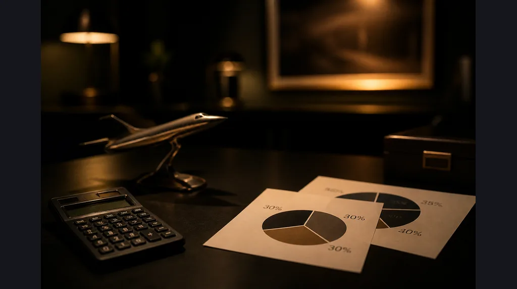 Printed return sheets and a calculator on a dark desk next to a small jet figurine